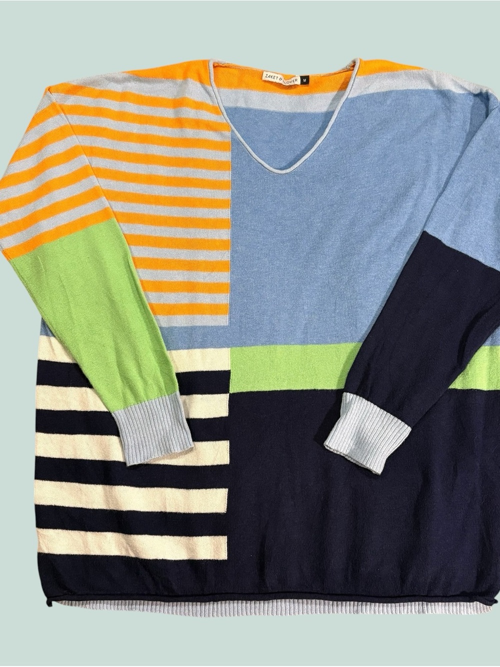 Zaket & Plover Women’s  V-Neck Sweater in Sky Blue, Lime & Navy -Med.